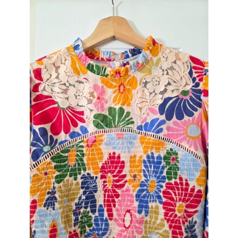 FARM Rio Sunny Daisies Smocked Cotton Peplum Blouse S - Picture 8 of 13